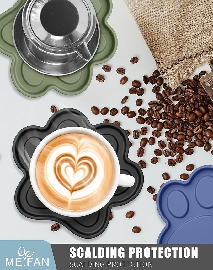 ME.FAN Silicone Coasters 6 Pack Paw Cup Mat with Holder, Dog Cat Paw Shape, for Hot or Cold Drink, Non-Slip, Non-Stick, Room Decor, Housewarming Olive Green