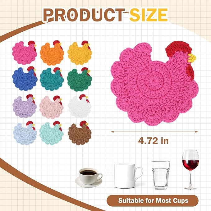 Funny Chicken Coasters Set of 4, Handmade Crochet Farmhouse Style Drink Coasters, Cute Knitted Desk Accessories for Home Decor, Unique Housewarming Gifts (Style B)