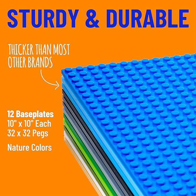 Strictly Briks Stackable Baseplates - 12 Pack 10"x10", 32x32 Studs, Compatible with Lego for Building City Scenes, Foundation, Displays Bricks on Play Table, Kids Easter Gift, Nature