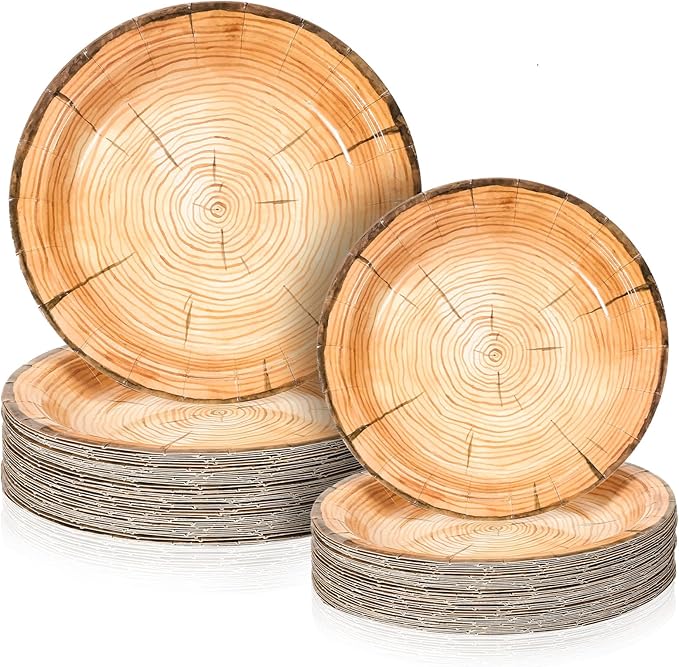 Tioncy 50 Pieces Wood Grain Paper Plates 7" 9" Rustic Wood Slice Plate Farmhouse Round Disposable Dinner Dish for Woodland Baby Shower Lumberjack Birthday Party Supplies