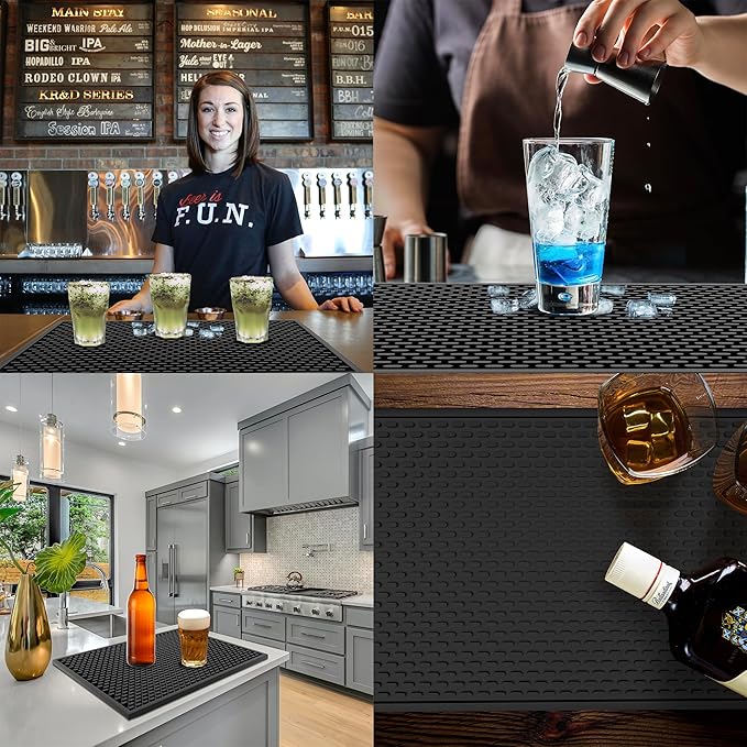 2 Pack Silicone Bar Mat - 1/2 Inch Thick Heat-Resistant and Food Safe Drip Mat - Spill Mats for Counter Top - Kitchen Service Mat, Coffee Bar, Restaurant - Drying Mat - 18 x 12 Inches