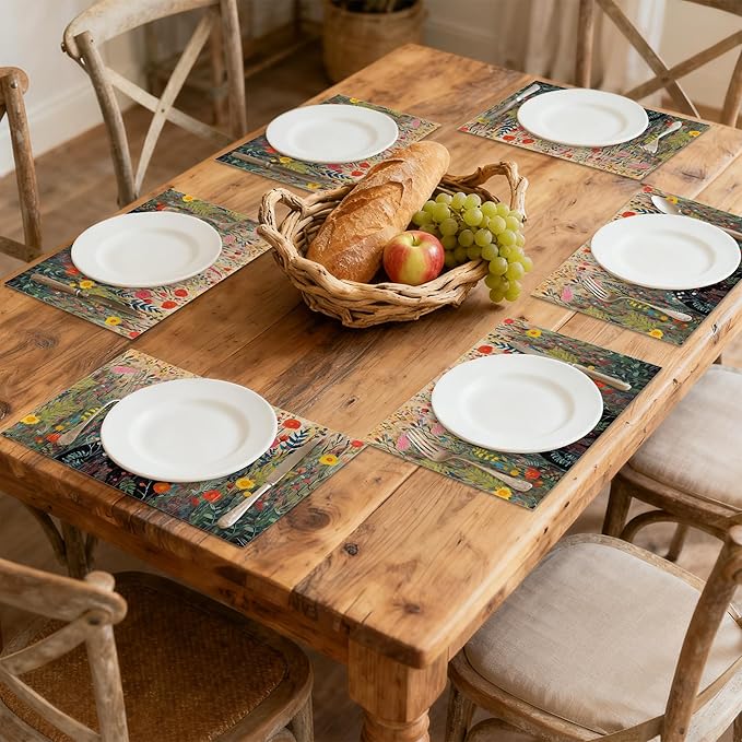 Placemats Set of 6 Cat Flowers Spring Place Mats Washable Kitchen Dining Linen Table Mats Stain Heat, for Home Party Indoor 12x18 in