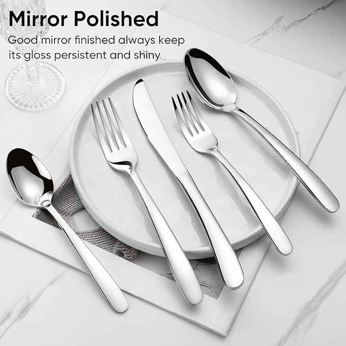 Herogo Heavy Duty Stainless Steel Silverware Set, 40-Piece Fancy Flatware Cutlery Set for 8, Modern Tableware for Home Restaurant Wedding, Heavy Eating Utensils, Mirror Polished, Dishwasher Safe