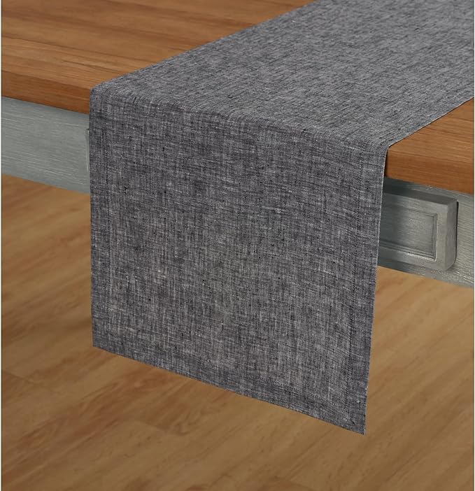 Solino Home Linen Short Table Runner 60 Inches - Athena, 100% Pure Linen Chambray Black Table Runner 14 x 60 Inch Ideal for Dresser and Coffee Tables - Winter