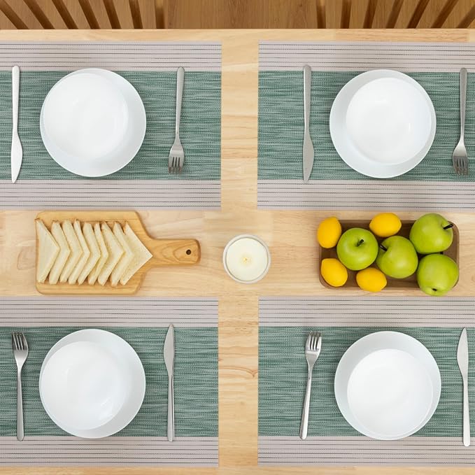 Winknowl Placemats, Set of 8 Heat Resistant Stain Resistant Woven Vinyl Insulation Place mats, Durable Washable Elegant Table Mats for Dining (Striped Green)