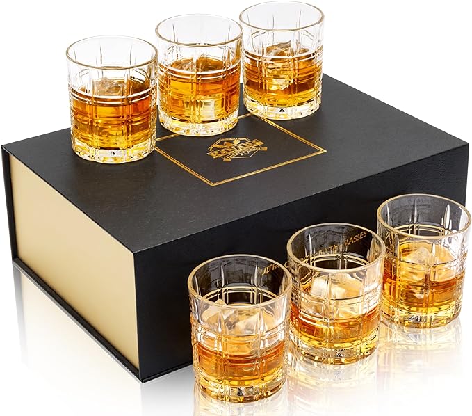 KANARS Crystal Whiskey Glasses, Set of 6 Premium Rocks Glasses in Elegant Gift Box, 10 Oz Old Fashioned Glass Tumblers for Bourbon, Scotch, Irish Whisky, Cocktails, Vodka, Liquor Drinking, Men Gifts