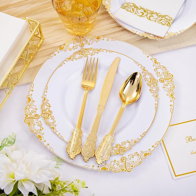 Hioasis 210pcs White and Gold Plates - White Party Plates for 30 Guest, Include 60 Heavy-duty Plates(20% Thicker Than Standard), 30 Pre Rolled Gold Plastic Silverware Set, 30 Cups
