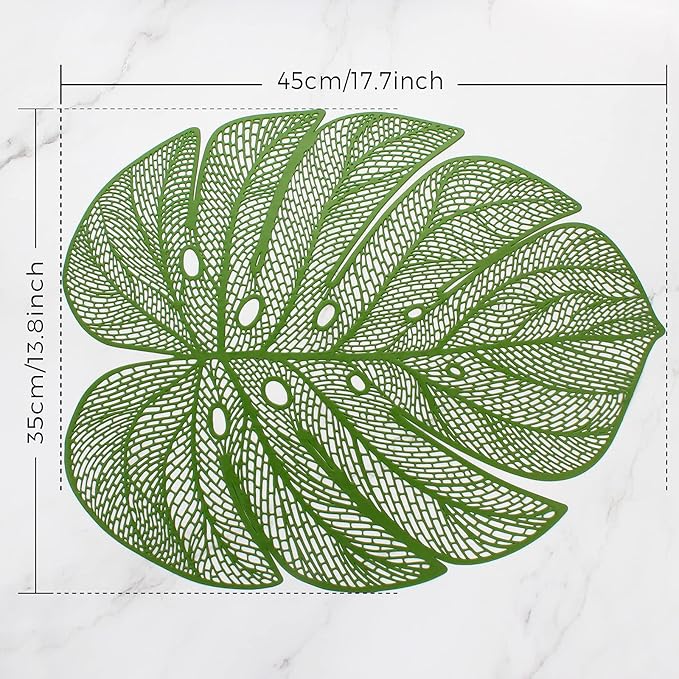Evevda Green Leaf Shaped Vinyl Placemats for Dinner Table Set of 8 Plastic Green Place Mats Wipeable 8Pcs Table Mats for Wedding Annersary Dinner Table Decoration Mats