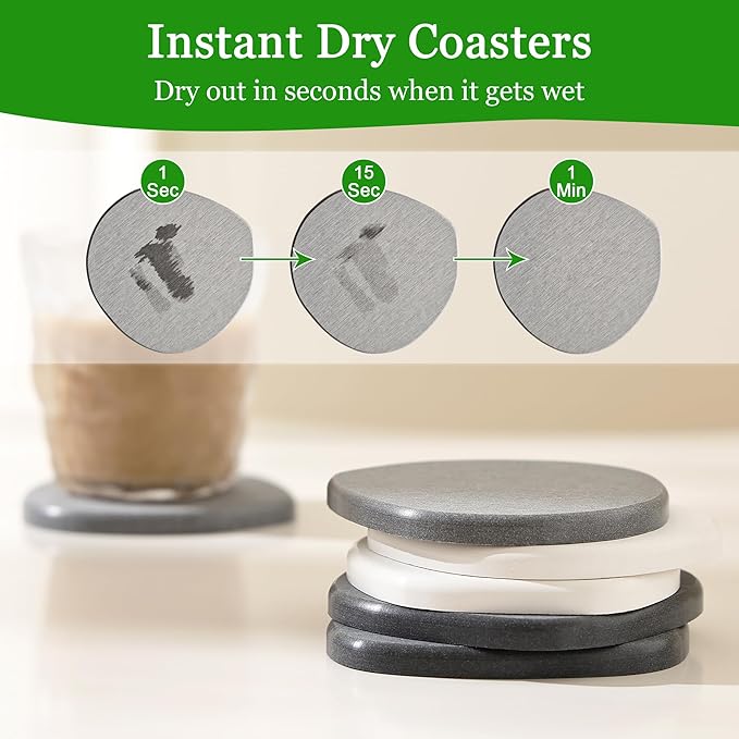 Diatomaceous Earth Coasters Set of 4 for Drinks, Moisture Water Absorbent Stone Coasters for Table Desk at Work, Water Absorbing Instant Drying Diatomite, Modern Light Grey