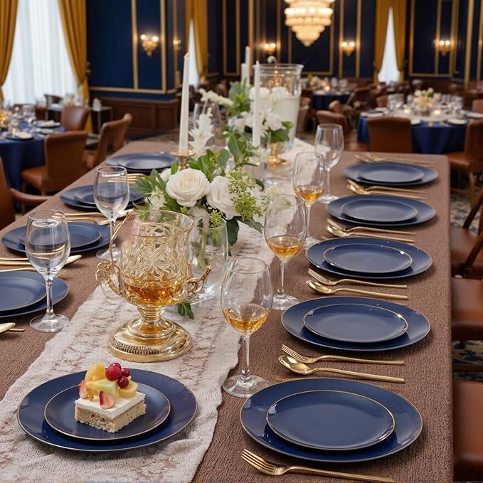 bUCLA 200PCS Blue Plastic Plates - Navy Blue Disposable with Gold Rim Include 100 Each (10 inch Dinner & 7 inch Dessert) Plates, Ideal for Party, Gathering and Hanukkah