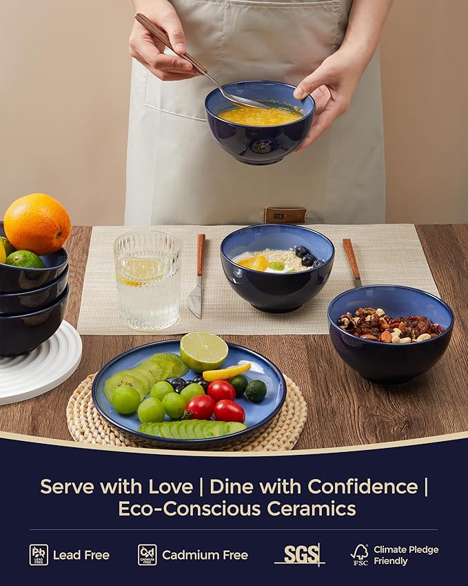 22 Oz Ceramic Cereal Bowls, 5.5 Inch Microwave & Dishwasher Safe Lead-free Soup Bowls Light Blue Bowls for Kitchen for Pasta Oatmeal Salad Dessert