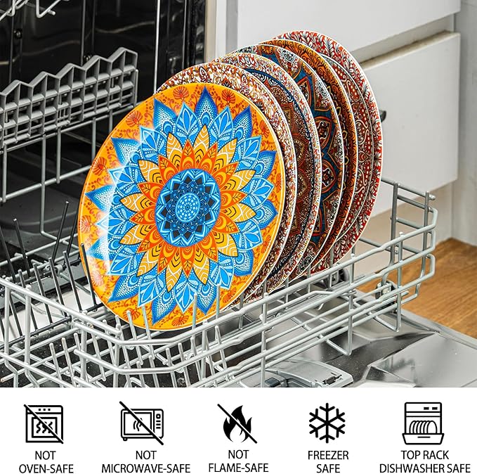 UNK U Melamine Dinner Plates Set of 6, 10.5 Inch Bohemian Plates in 6 Vibrant Colors, Unbreakable Dinner Plates for Kitchen, Weddings, Birthdays, Entertaining, Dishwasher Safe