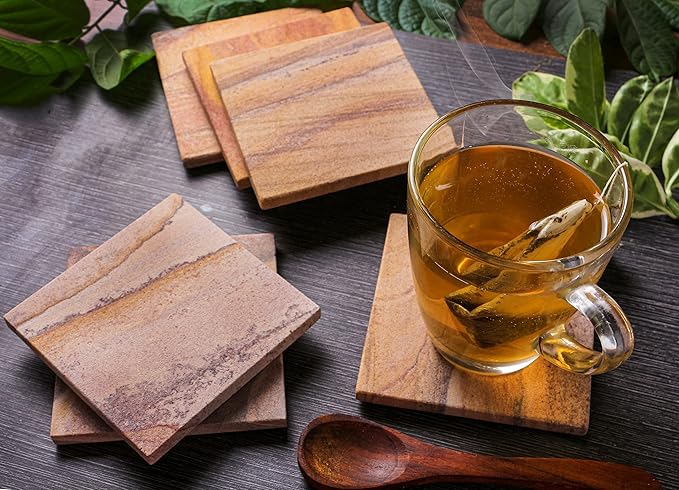 Sandstone Water Absorbent Hand Crafted Square Coasters for Drinks - 4 Inches Wide Thirsty Stone Bar/Drink Coasters- Made from Rainbow Sandstone (Set of 6 with Holder)