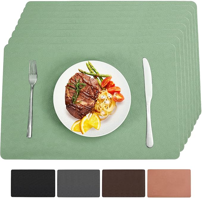 Vinyl Placemats Set of 8 Heat Resistant Easy Clean Non-Slip Place Mats for Dining Table Faux Leather Waterproof Stain Resistant Wipeable Washable PVC Table Mats(8, Green)