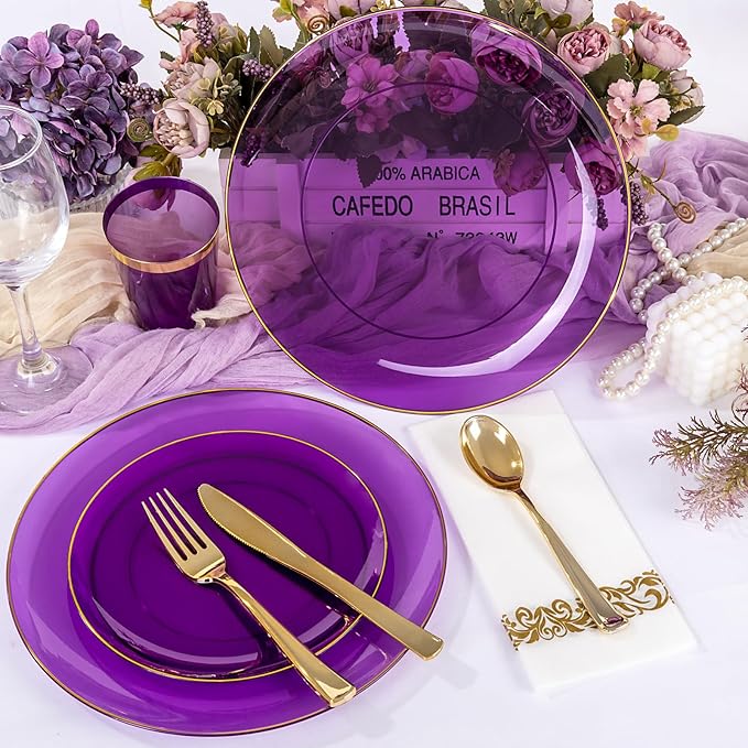 YOUBET 175PCS Purple Plastic Plates - Purple and Gold Disposable Plates Include 50 Plate, 75 Silverware, 25 Cups, 25 Napkins for Wedding & Mardi Gras Party