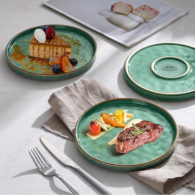 LIANYU 10.2 Inch Dessert Plates of 4, Kitchen Ceramic Dinner Plates Set, Dinnerware Serving Dishes Set, Dinnerware Salad Appetizer Plates for Microwave Dishwasher Oven, Chip Resistant, Emerald Green