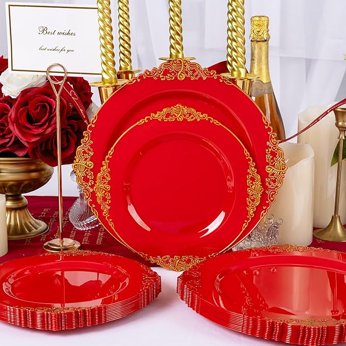 102PCS Red and Gold Plastic Plates - Red Plates Disposable - Vintage Plastic Plate with Gold Rim Include 51PCS Dessert & 51PCS Dinner Plate Perfect for Weddings & Party & Valentine's Day