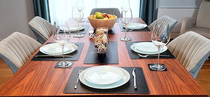 Nikalaz Set of Black Placemats and Coasters, 4 Table Mats and 4 Coasters, Recycled Leather, 18'' x 13''