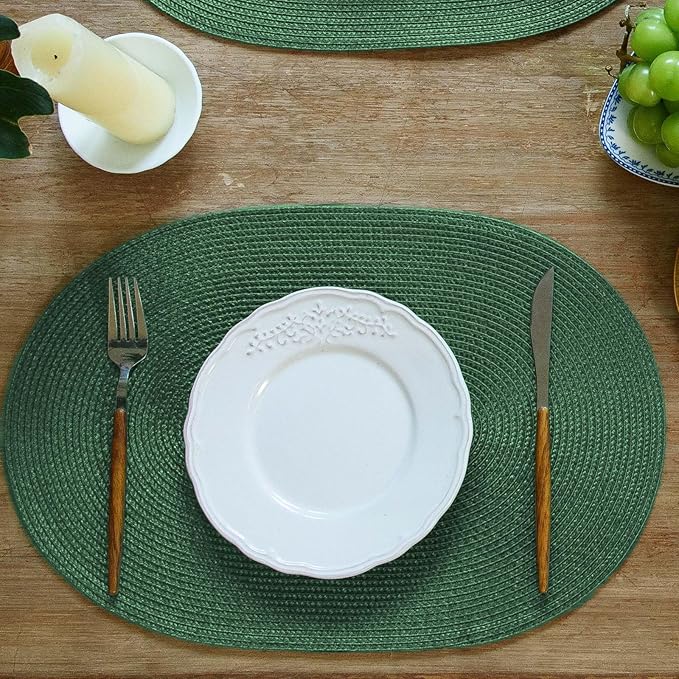 FunWheat Oval Braided Placemats Set of 6 Table Mats for Dining Tables Washable Heat Resistant Place Mats for Indoor Outdoor Use 12 x18 Inch (Oval Black Green, 6pcs)