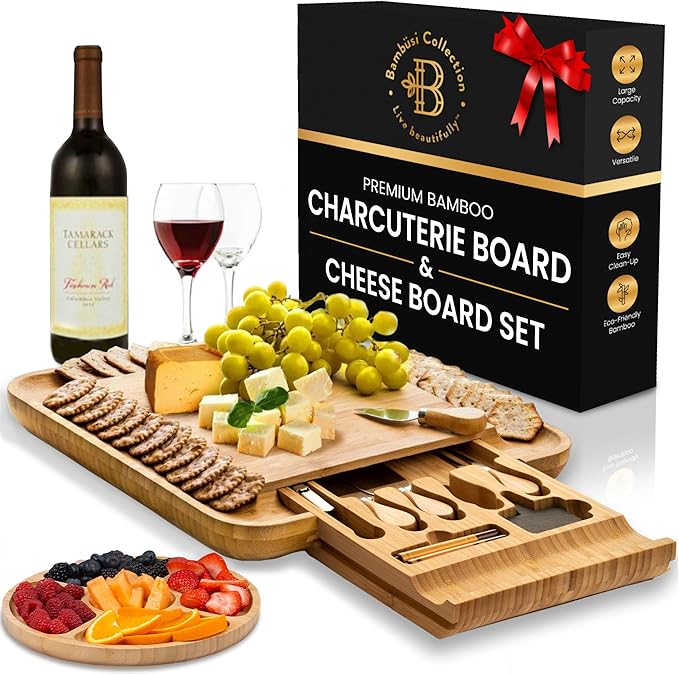 Charcuterie Boards Gift Set by Bambüsi - Large Bamboo Cheese Board for Serving, Entertaining, Cheese Platter for Kitchen, House Warming Gifts New Home, Wedding, Bridal Shower, Birthday Gifts for Women