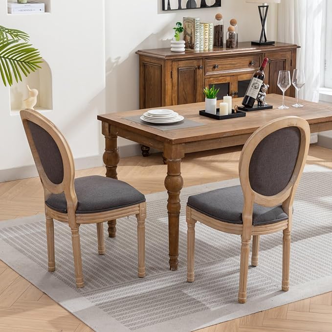 Ball & Cast French Vintage Upholstered Dining Chairs Set of 2, Farmhouse Antique Painting Wooden Kitchen Side-Chairs with Carved Solid Wood Frame, 2-Piece Curved Backrest Louis Chair, Linen Gray