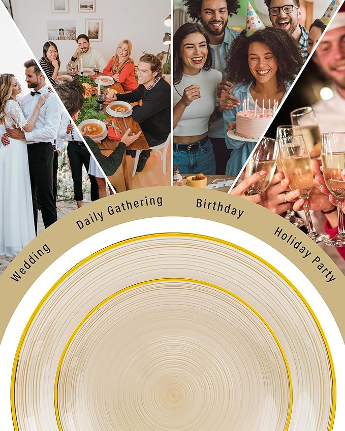 Morejoy 100Pcs Brown Plastic Plates, Clear Coffe Disposable Plates With Gold Rim,Heavy-Duty Brown Plates, Gold Dinnerware Set Include 50 Dessert-plates,50 Dinner-plates for Party & Christmas