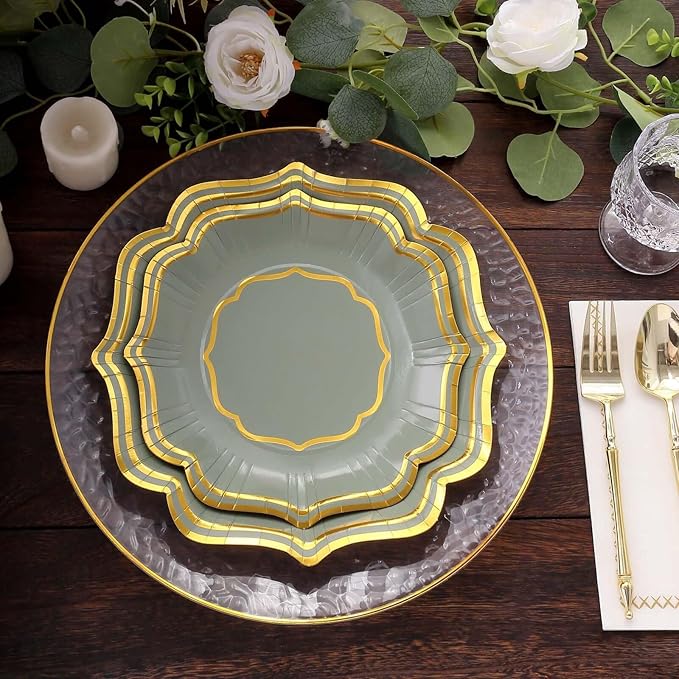 50 Pack 10" Sage Green/Gold Scallop Rim Dinner Plates, Disposable Round Paper Party Plates 300 GSM for Festive Table Decoration