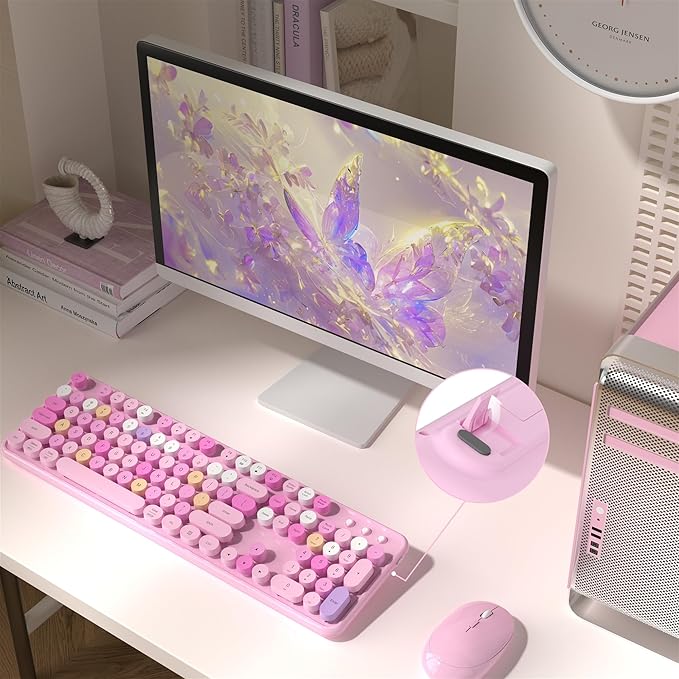Colorful Wireless Computer Keyboard and Mouse Combo with Round Typewriter Keycaps, Retro Design, Power Switch, Ergonomic Design, 2.4GHz Wireless for Windows, Mac, PC(Pink-Colorful)