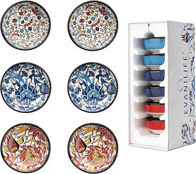 Handmade Ceramic Dipping Bowls – Set of 6, 2.5 Oz Small Sauce Dishes, Colorful Pinch Bowls, Charcuterie Serving Bowls, Microwave & Dishwasher Safe (IZNIK CARNATION)