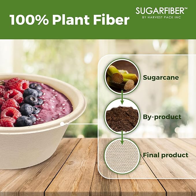 [125 Count]Harvest Pack Compostable Paper Bowls, 16oz PFAS FREE Round Biodegradable Soup Bowl, Heavy-Duty Eco-Friendly Disposable Bowls, Sugarcane Bagasse Natural plant fibers, Alternative to Plastic