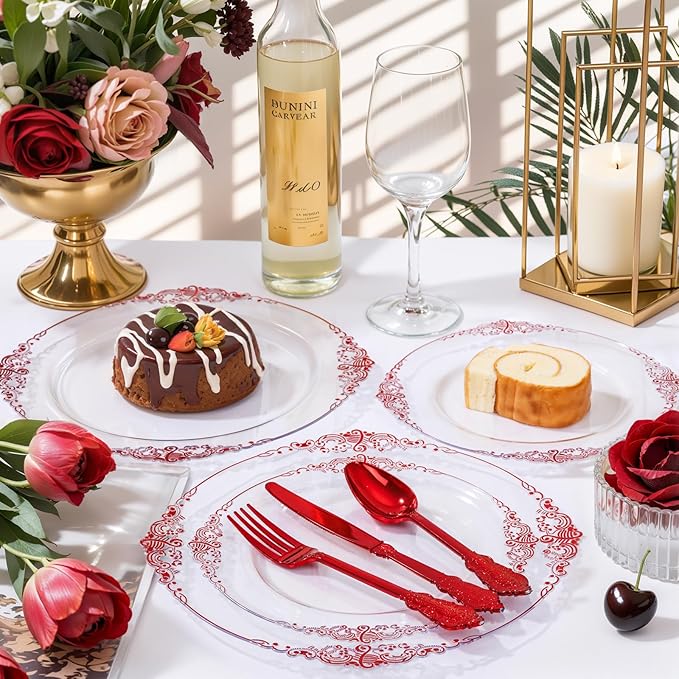 Nervure 100PCS Clear and Red Plastic Plates - Clear Red Disposable Plates Set, 50PCS 10.25" Dinner Plate & 50PCS 7.5" Dessert Plate Perfect for Wedding & Party