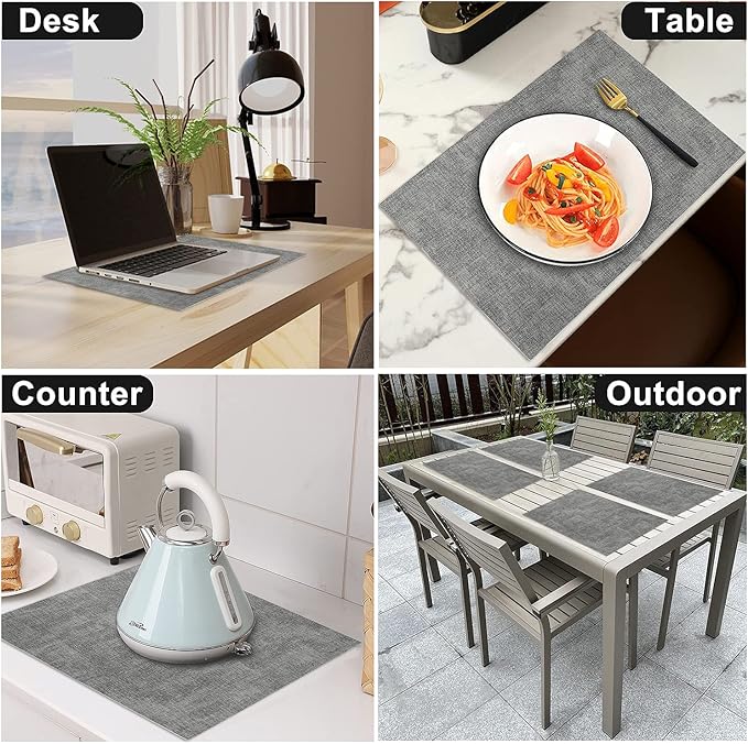Leather Heat Resistant Placemats Set of 6 Waterproof Wipeable Washable PU Table Mats,Easy to Clean Anti-Slip Place Mats (Light Grey, 6)