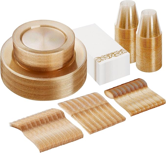 Goodluck 175 Piece Dinnerware Set for 25 Guests, Plastic Plates Disposable for Party, Include: 50 Gold Glitter Plastic Plates, 25 Paper Napkins, 25 Cups, 25 Gold Glitter Silverware Set