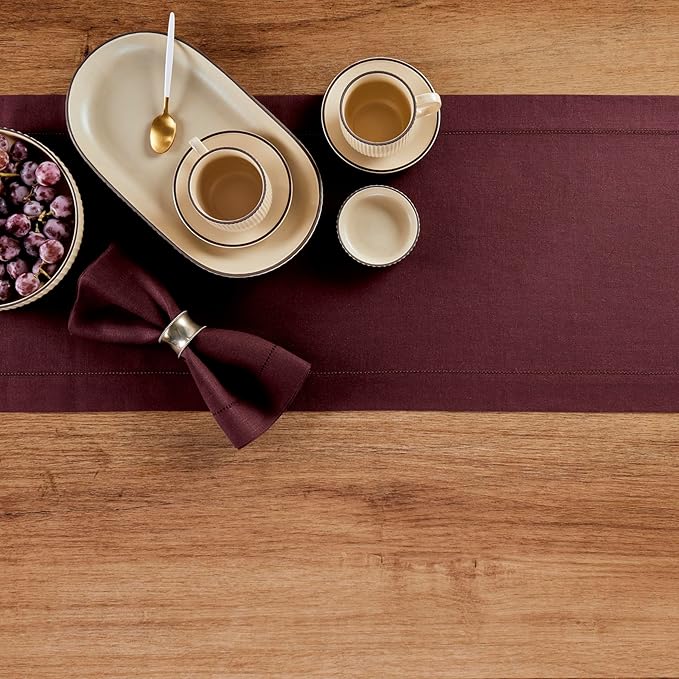 Solino Home Linen Burgundy Table Runner 72 Inches Long - 100% Pure Linen Hemstitch Table Runner 14 x 72 Inch for Dresser, Dining, Winter, Valentines - Classic Hemstitch