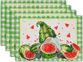 Watercolor Watermelon Gnomes Placemats Set of 4,Green Buffalo Check Plaid Rectangular Linen Kitchen Mats Summer Seasonal Place Mat 12 x 18 Inch for Kitchen Dining Table Decor