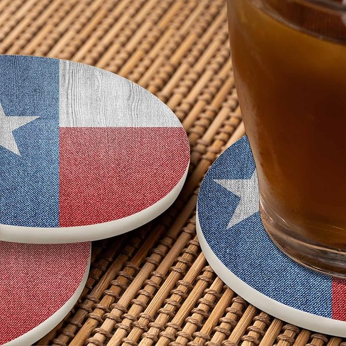 Texas Flag Coasters for Drinks Red White and Blue Board Texture Wooden Style Patriotic for Tabletop Protection Coffee Table Living Room Kitchen Office Home Decor 2 Pcs,4 Inch