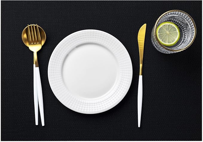 LEXMORE PlaceMats Set of 12 Vinyl/Plastic Woven Place Mats for Kitchen Table Indoor/Outdoor Washable PlaceMat Wipeable Dining Table Mats(Black)