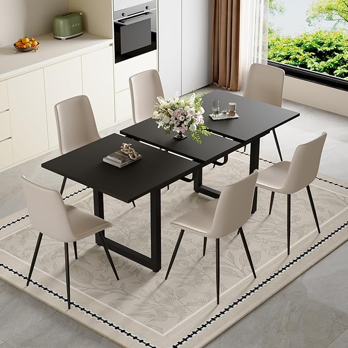 Extendable Dining Table Set for 6, 55"–71" Modern Black Kitchen Table with 6 Upholstered Chairs, Space-Saving for Living Room Apartment, Sturdy & Comfortable, Easy Assembly
