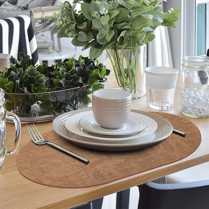 Placemats Set of 4 - Washable Heat Resistant Table Placemats - Wipeable Faux Leather Oval Place Mats, Waterproof Table Mats for Dining Table, Brown