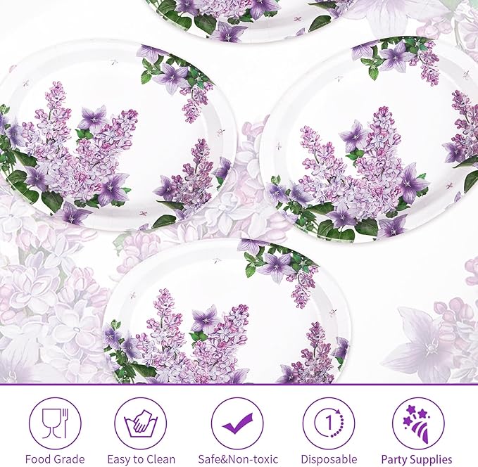 50 Pcs Lilac Oval Paper Plates Large 10" x 12" Purple Floral Plates Disposable Heavy Duty Dinner Serving Platters for Spring Summer Purple Party Supplies Baby Shower Wedding Flower Party Decorations
