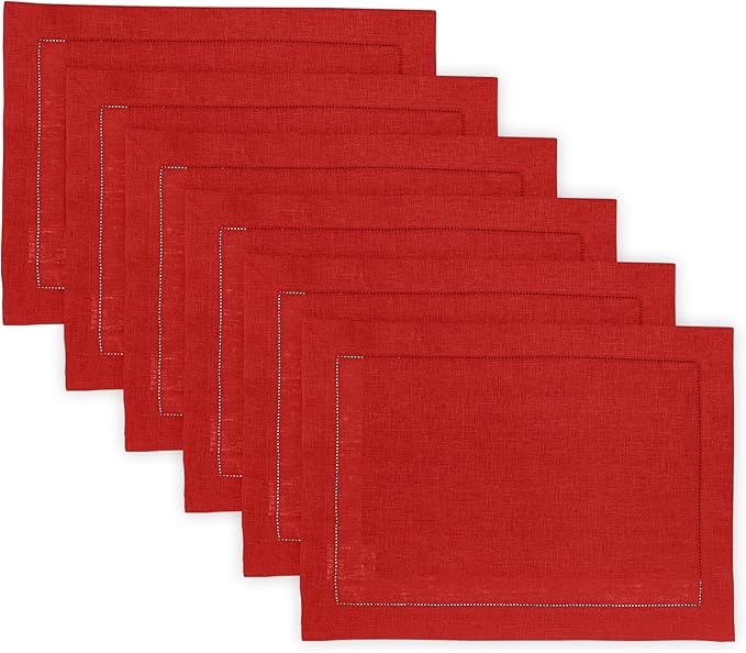Solino Home Linen Cloth Placemats Set of 6-100% Pure Linen Hemstitch Red Placemats 14 x 19 Inch - Classic Hemstitch Table Place Mats for Valentines, Winter