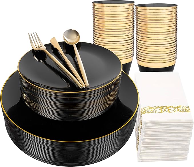 MirthMood 350Pcs Black and Gold Disposable Plates,Black Plates, Black and Gold Plates Include 30 Dinner,Dessert Plate,30 Cup&30 Napkins, 90 Gold Silverware for Wedding & Party & Birthday & New Year