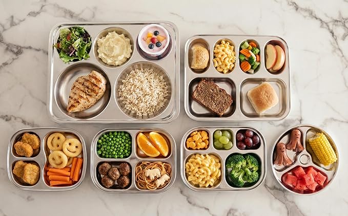 Korean Stainless Steel Divided Plates for Toddlers, Kids, Babies, 8-Inch, Premium 304, Electro-Polished, No Black Residue, BPA-Free, Round 3-Compartment Food Tray, Camping, Diet Control, Set of 2