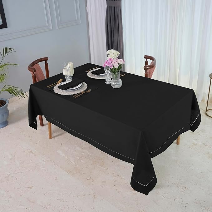 D'Moksha Homes Black Linen Tablecloth 60 x 108 Inch - 100% Pure Linen Black Table Cloth for Rectangle Tables - Classic Hemstitch, Machine Washable Tablecloth for Spring, Easter