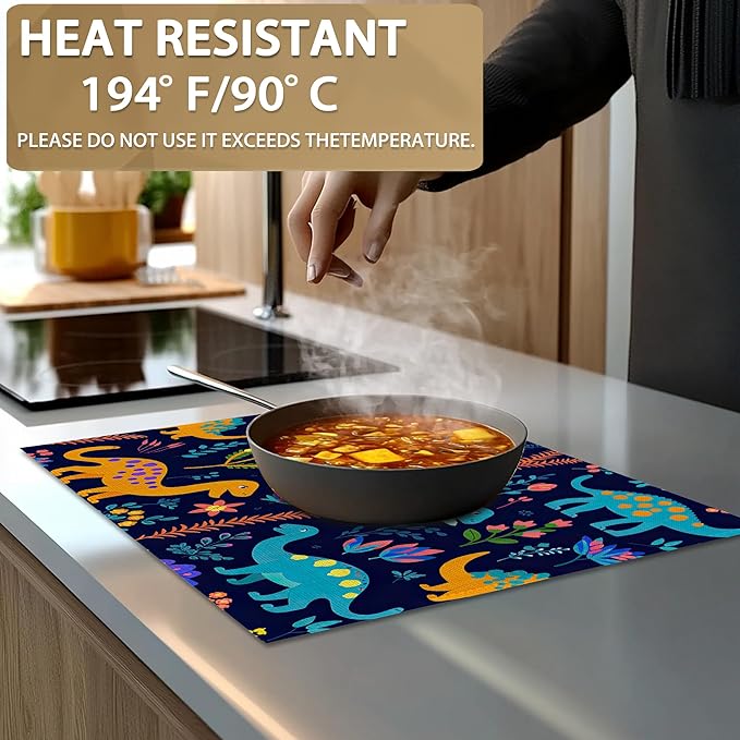 Dinosaurs Placemats Set of 6,12x18 Inch Table Mats for Colorful Dinosaurs Kitchen Table Washable Farmhouse Linen Table Mats Dining Decoration