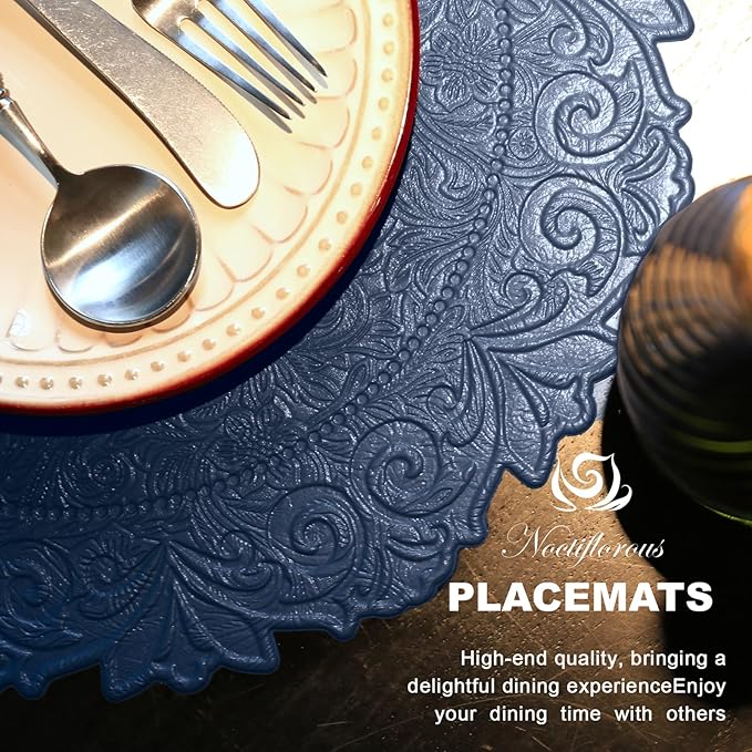 Noctiflorous Round Faux Leather 15 Inch Placemats Set of 6 Waterproof Wipeable Heat Resistant Tablemat for Dining Table Kitchen Non Slip Oilproof Table Place Mat for Indoor Outdoor(A Blue, 6)