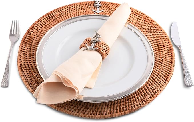 Vagabond House Large Woven Rattan Placemats Set of 4, Durable Wicker Placemats with Pewter Anchor Accent, Quality Rattan Chargers, Ideal for Coastal Beach Home