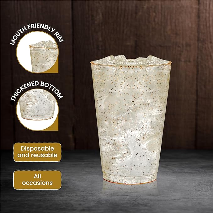 R-kay 14 oz Gold Glitter Plastic Cups For Party - 50 Pack Gold Plastic Cups - Hard Disposable Cups - Premium Heavy Duty Gold Cups - Disposable Cocktail Glasses - Party Cups (50 Pack, 14, ounces)