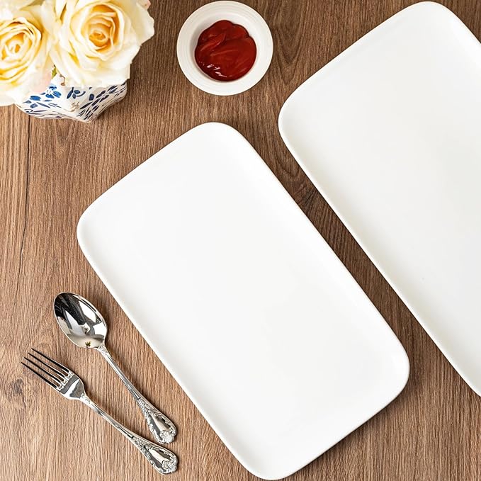 White Serving Platters Set of 2 – 14 Inch Rectangular Serving Platters, Large Porcelain Serving Platters for Party, Appetizers, Sushi, Steak & Dessert