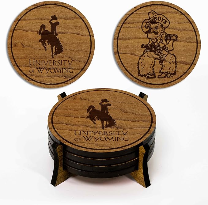 LazerEdge Wyoming Cowboys Wooden Coaster Set - Cherry Wood - Officially Licensed Product - 4-Pack
